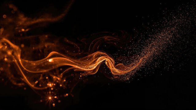 Fiery sparks against a dark backdrop with shimmering golden particles and flowing orange smoke.