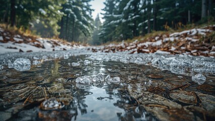 Fototapeta premium A vertical capture of a chilled puddle surrounded by forest