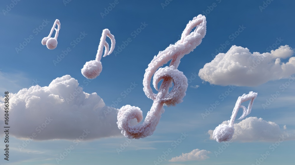 Poster cloud of musical notes is flying in the sky. the notes are scattered in different directions, creati