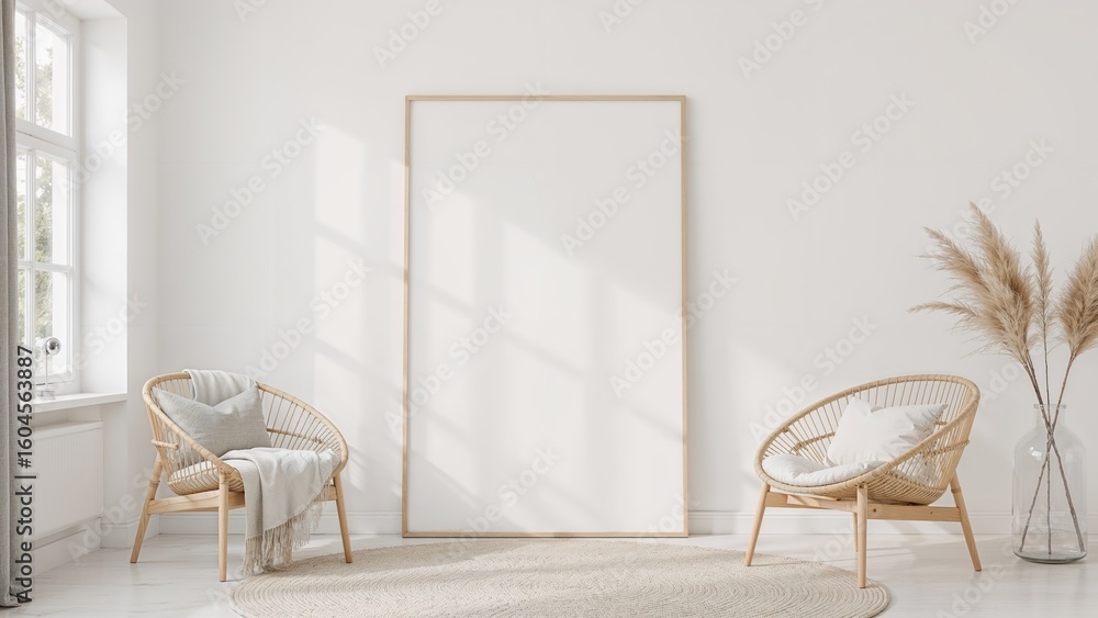 Poster mock-up of a poster frame set against a scandinavian design living room scene, produced using ai gen
