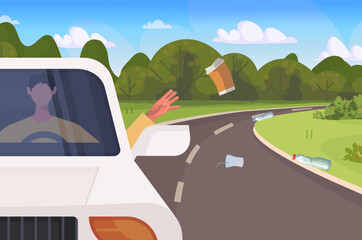 Environmental issue and irresponsible behavior as man throwing trash from car window. Environmental damage caused by careless waste disposal. Vector Not AI generated