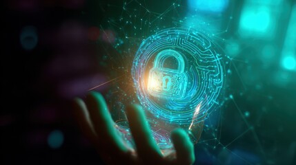 The digital lock glowing in a hand representing cybersecurity and protection concepts.