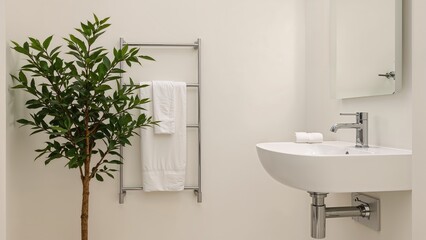 Fototapeta premium Bathroom scene with a corner decorative plant, towel rack, and white basin