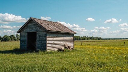 An aged wooden cabin collapsed amidst vibrant grass in a countryside scene during summer