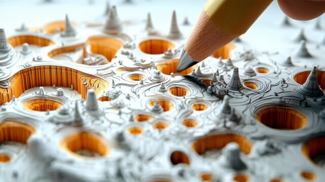 A conceptual animation for architects and strategists, symbolizing the intricate process of planning, design, and discovery as a pencil traces a complex 3D landscape.