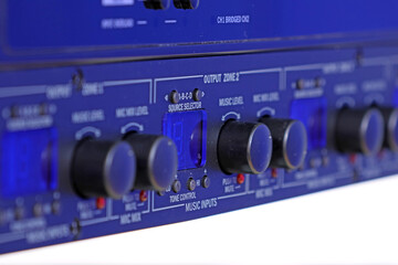 Front control panel of the audio amplifier with level controls and display. 