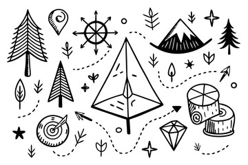 Hand Drawn Camping and Nature Elements in Black and White including trees mountains compass target wood logs diamond leaves stars and a dotted path isolated