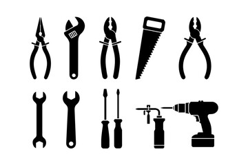 Hand and Power Tools Vector Icons Pliers Wrench Screwdriver Saw Drill