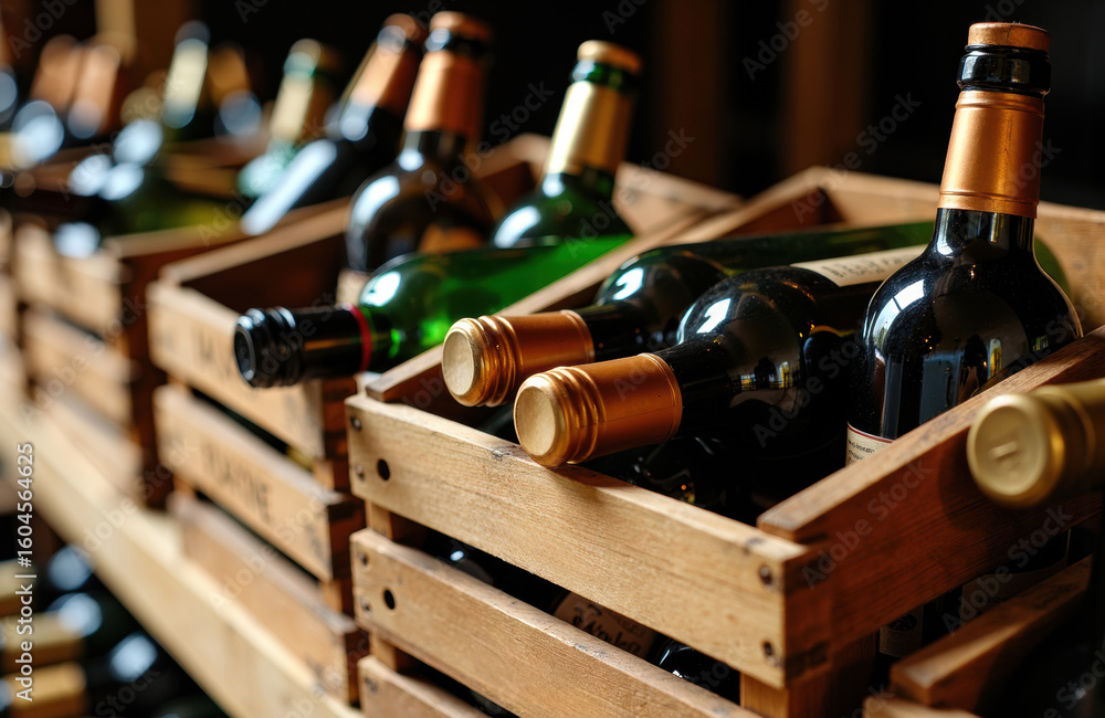 Poster bottles of wine arranged in wooden crates on display in a store or cellar