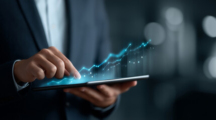 Businessman Analyzing Online Stock Market on Tablet with Futuristic Financial Interface in Studio Setting