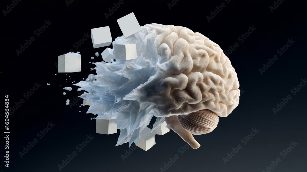 Poster brain is shown in a white and blue color with a lot of pieces of white and blue cubes surrounding it