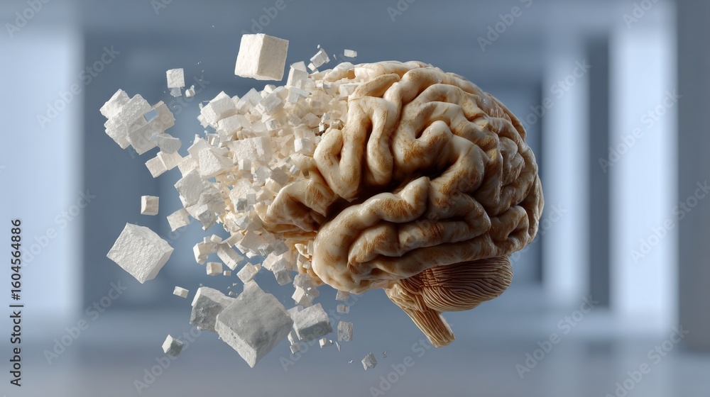 Poster brain is shown in a white and gray color with a lot of pieces of sugar cubes scattered around it. th