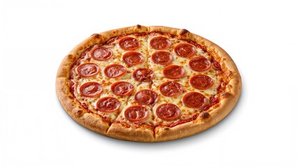 Tasty hot pepperoni pizza displayed against a white background