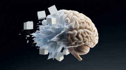 Brain is shown in a white and blue color with a lot of pieces of white and blue cubes surrounding it. The brain is shown as if it is exploding, with the cubes flying off in all directions