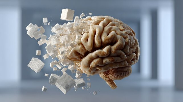 Brain is shown in a white and gray color with a lot of pieces of sugar cubes scattered around it. The brain is shown as if it is exploding, and the sugar cubes are flying out of it
