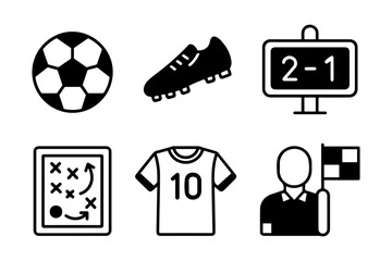 Set of black soccer icons including ball, cleats, scoreboard, tactics board, jersey with number, and referee with flag. Football game and strategy concept.