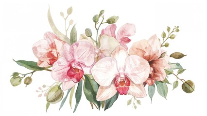 Naklejka premium Watercolor painting of tropical orchid bouquets isolated on white background
