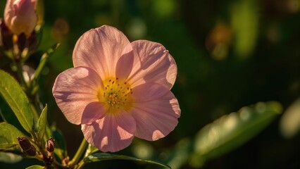 Beautiful Pink Tropical Flower Bathed in Summer Sunlight with a Faded Green Background