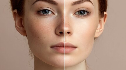Photo comparing a woman's face before and after a skin treatment or cosmetic application