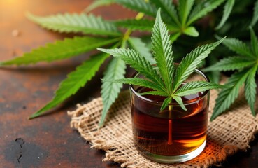 Cannabis plant with green leaves in a glass of oil on wooden surface