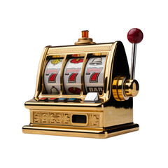 Golden vintage slot machine with lever isolated on transparent background