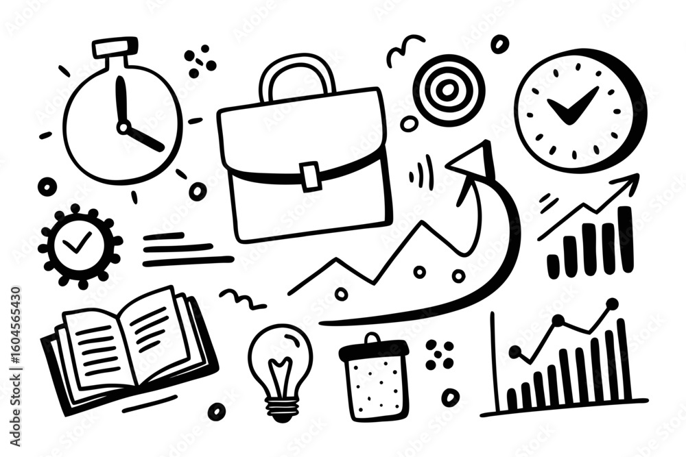 Poster hand drawn business doodle illustration with briefcase clock lightbulb graphs book and target repres