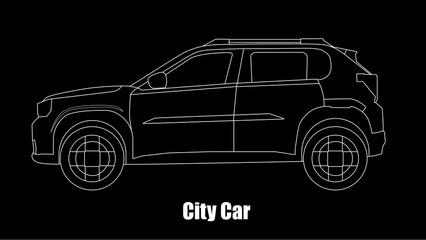 A city car is a small car designed specifically for use in urban areas. It is made in a black silhouette version with a white outline and a black background.