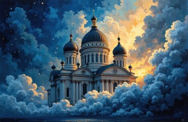 A majestic church with domes rising above fluffy clouds during a vibrant sunset scene