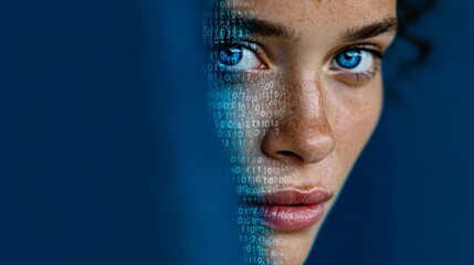 Woman's face is shown in a blue background with a digital code. Concept of technology and the idea of the woman being a part of the digital world