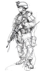 Hand drawn of soldier drawing sketch art.