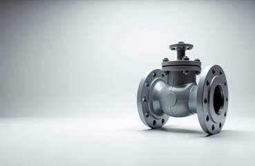 A metallic valve with flanged ends placed on a plain white surface