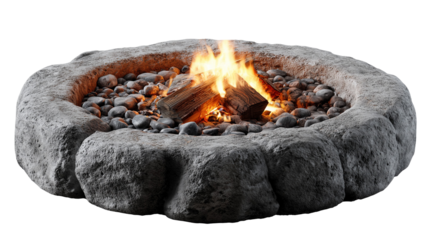 Stone fire pits with burning wood isolated on white background