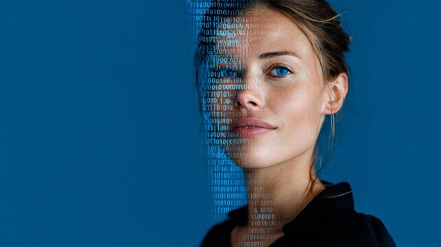 Woman with a blue eye is looking at the camera. The image is a digital representation of her face, with the blue eye being the only visible feature