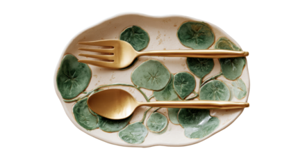 Elegant plate and utensils displayed isolated on a white background.