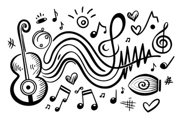Fototapeta premium Hand Drawn Music Doodle with Guitar Notes Hearts and Symbols in Black and White perfect for backgrounds illustrations and creative musical projects and designs
