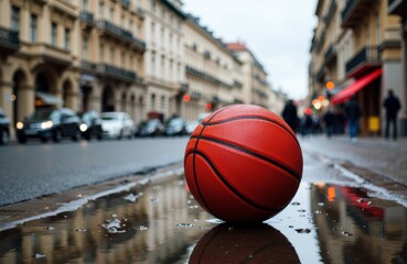 A red basketball rests on a wet city street with reflections and blurred buildings in the background