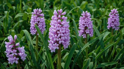 Obraz premium Bright large hyacinth flowers in shades of pink and purple surrounded by green leaves.