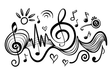 Whimsical Musical Doodle with Clef Notes Hearts and Swirls in Black and White perfect for music lovers creative projects and artistic backgrounds with a fun