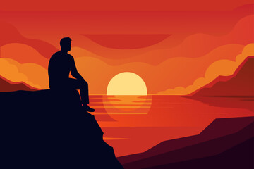 Obraz premium Man Sitting on Bench Watching Sunset