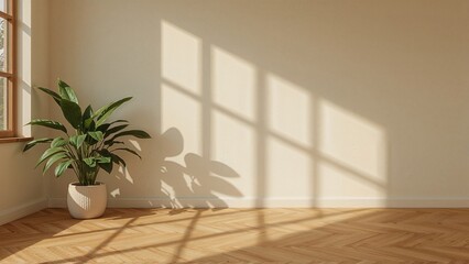 Interior space showcasing minimalism with sunlight and shadows on walls, evoking a cozy summer warmth