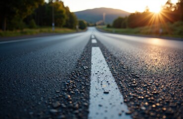 A close-up view of an empty asphalt road with a white center line during sunset