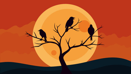 silhouette birds perched branch