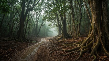 Obraz premium Misty morning path with muddy ground and exposed roots