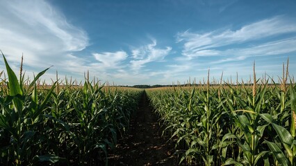 Obraz premium Panoramic shot of a cornfield stretching under a bright sky