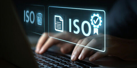 ISO standards quality control, Certification and standardization process, iso certified business, conformity to international standards and quality assurance concept. Person touching certificate icon