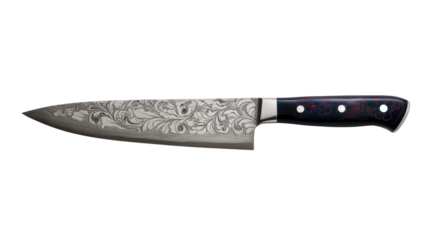 Exquisite chef knife with intricate design, isolated on white background.