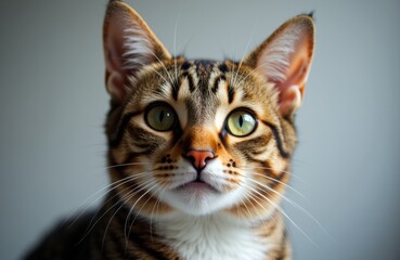 Close-up of a Bengal cat with striking green eyes and distinctive fur pattern looking directly at the camera