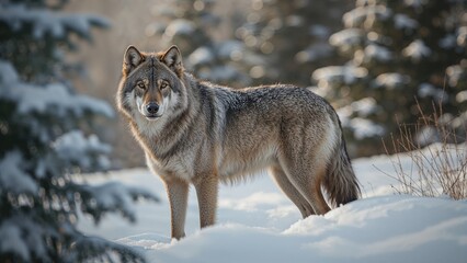 Magnificent Wolf with grey fur in winter snow