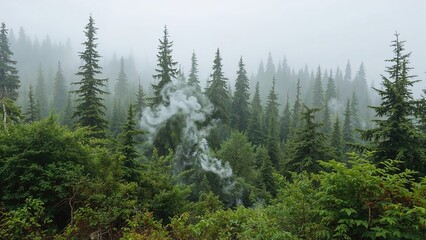 Smoke ascending above a vibrant forest rich with different kinds of green foliage