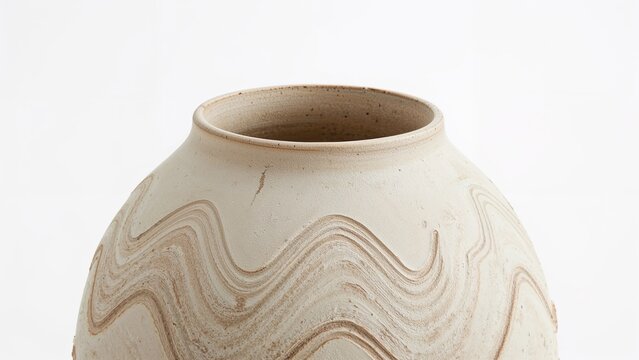 Segment from the top of a single rim jar, composed of unglazed stoneware with wave incisions, isolated on a white surface.